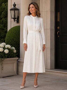St. John Collection Ivory Leopard Jacquard Silk Shirt Dress Sz 18